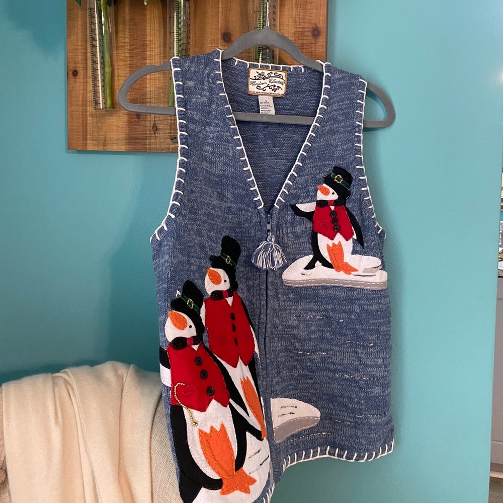 Christmas Penguin Sweater Vest Zip Front Grandma Style Y2K